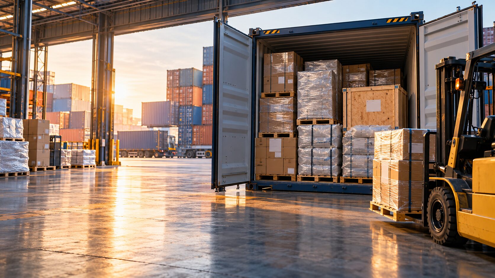 Contenedor marítimo abierto en bodega de consolidación con tarimas de distintos importadores acomodadas para envío compartido LCL