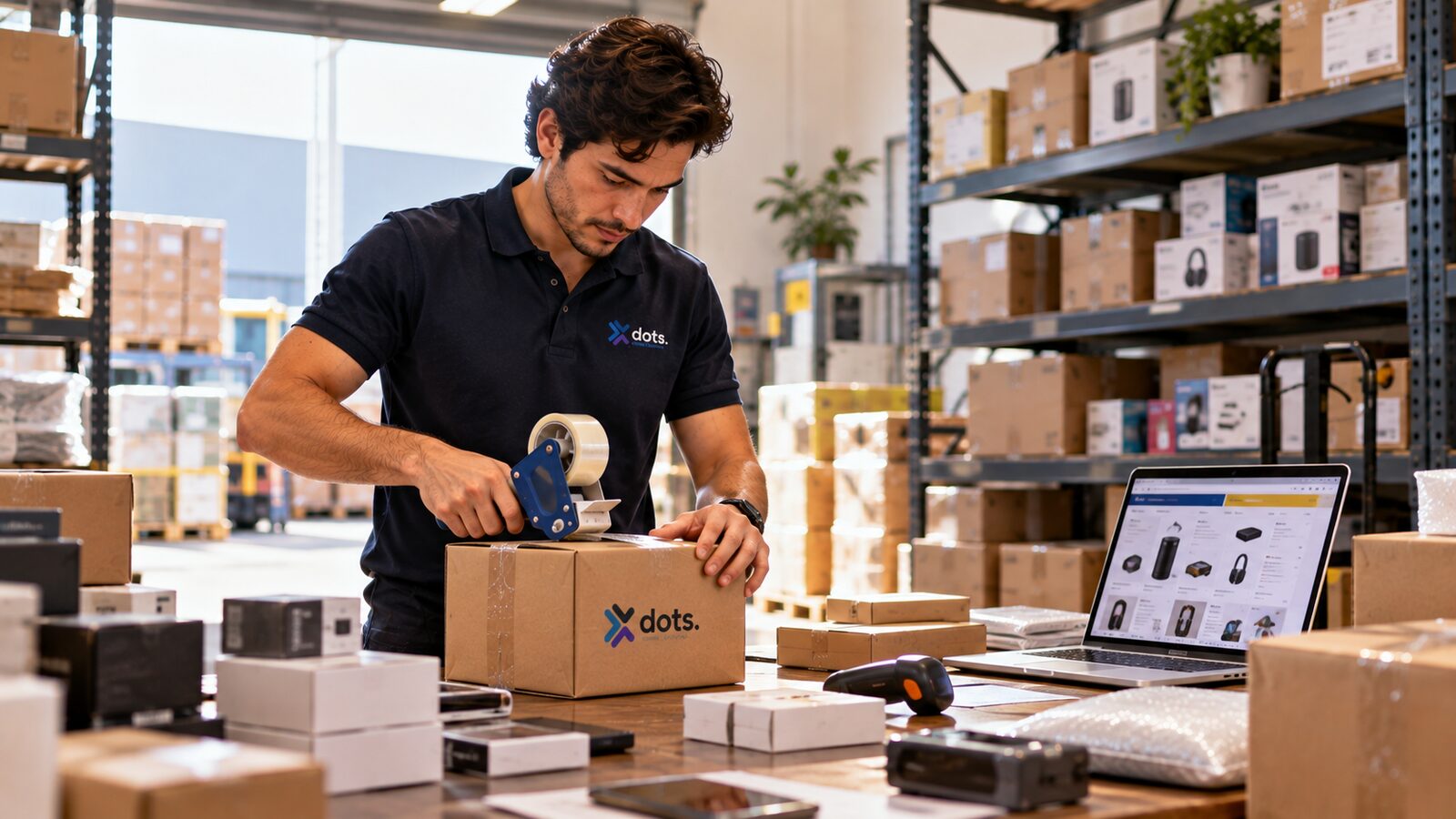 Emprendedor empacando productos importados en una bodega de comercio electrónico para vender en Amazon y Mercado Libre