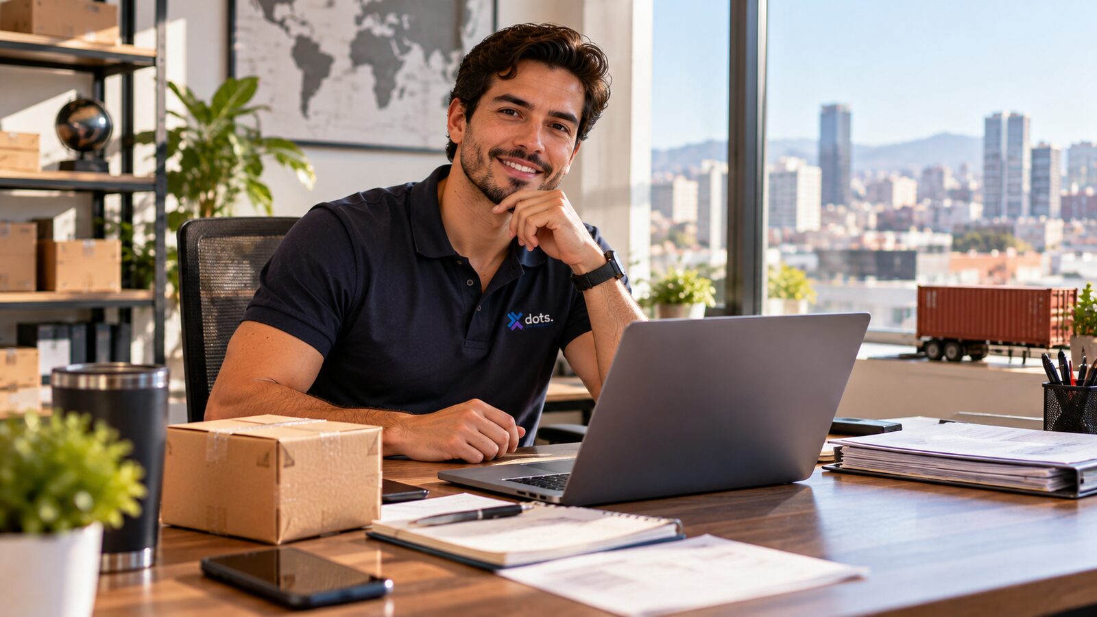 Joven emprendedor en su oficina con laptop, documentos y una caja de producto muestra