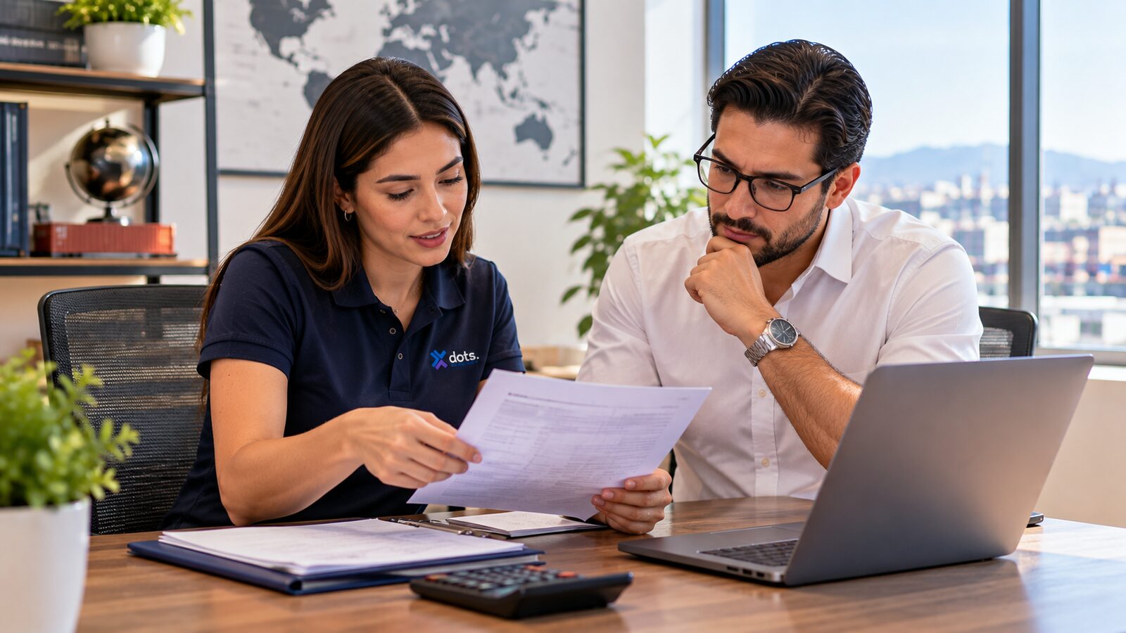 Asesora de comercio exterior revisando un documento de importación con un cliente en una oficina