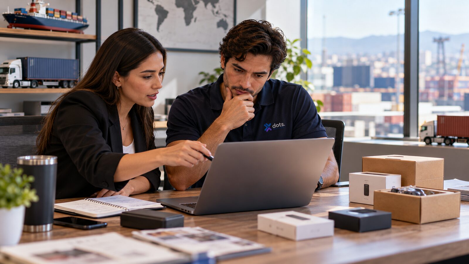 Consultora y emprendedor revisando el plan de su primera importación con muestras de producto sobre la mesa