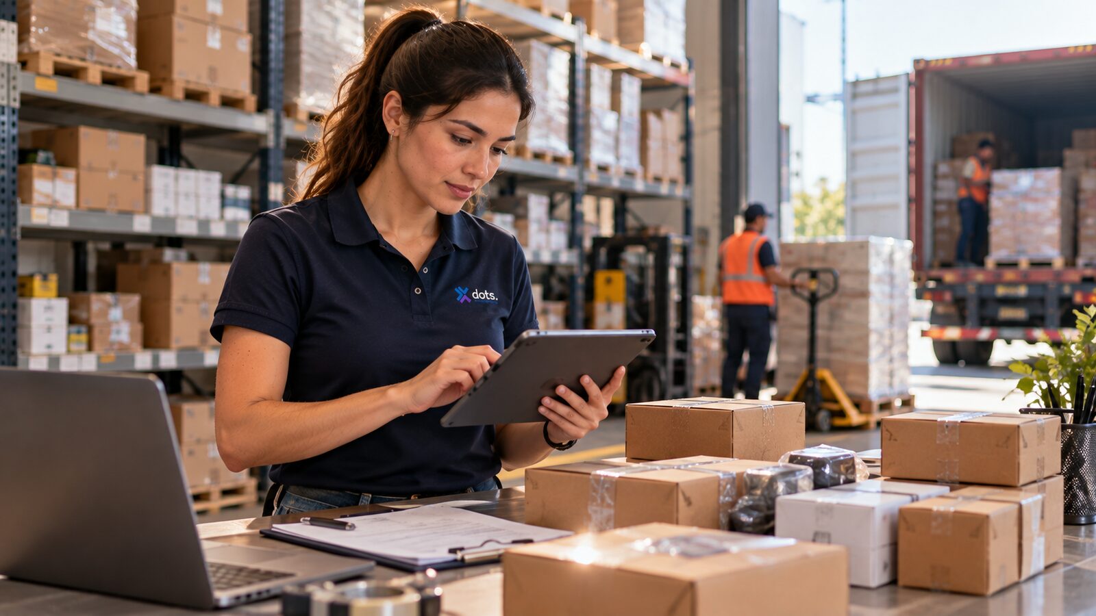 Emprendedora revisando una lista de verificación en una tablet junto a cajas de muestra en una bodega