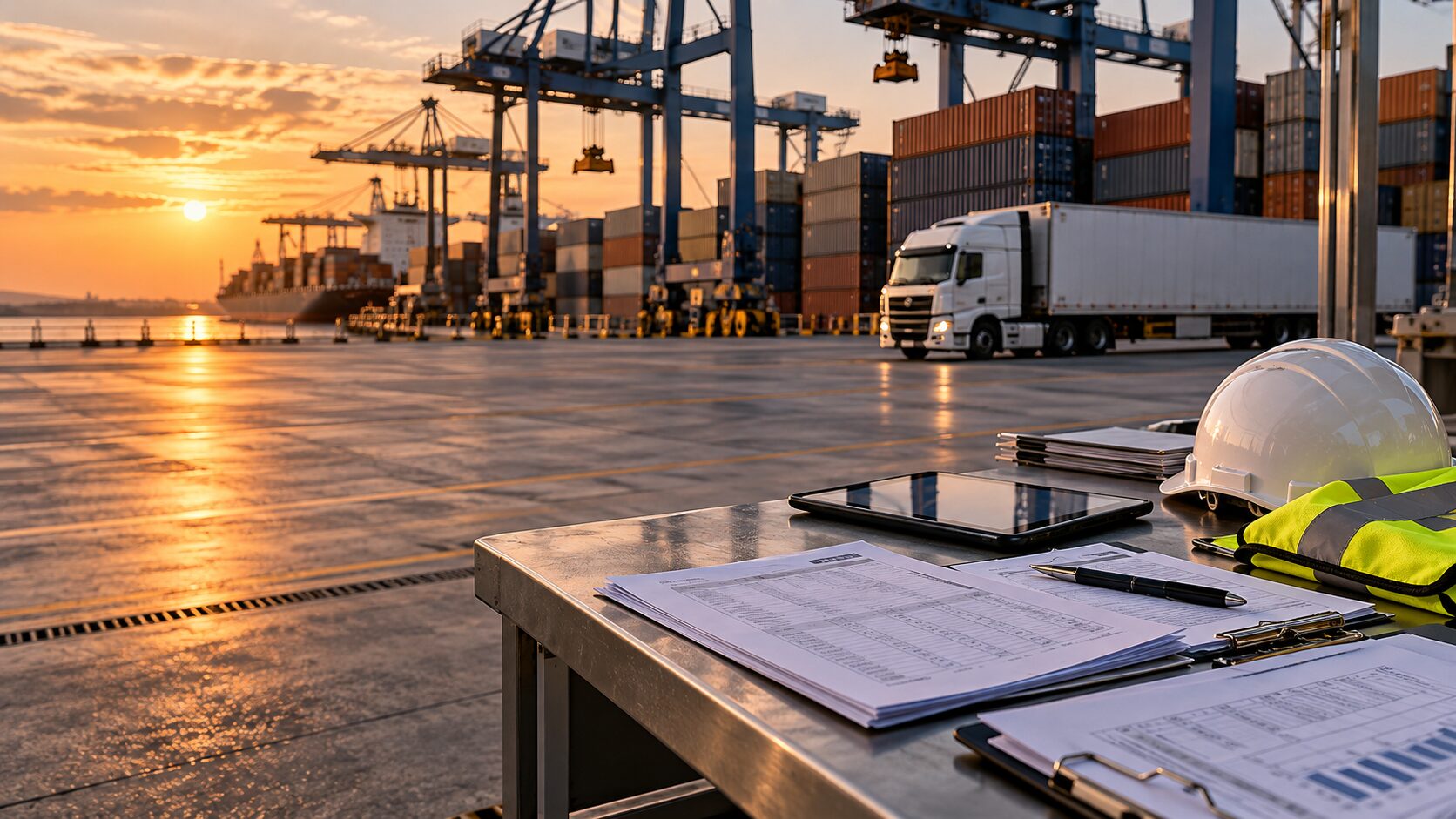 Terminal portuaria de contenedores al atardecer con documentos de importación sobre una mesa de trabajo